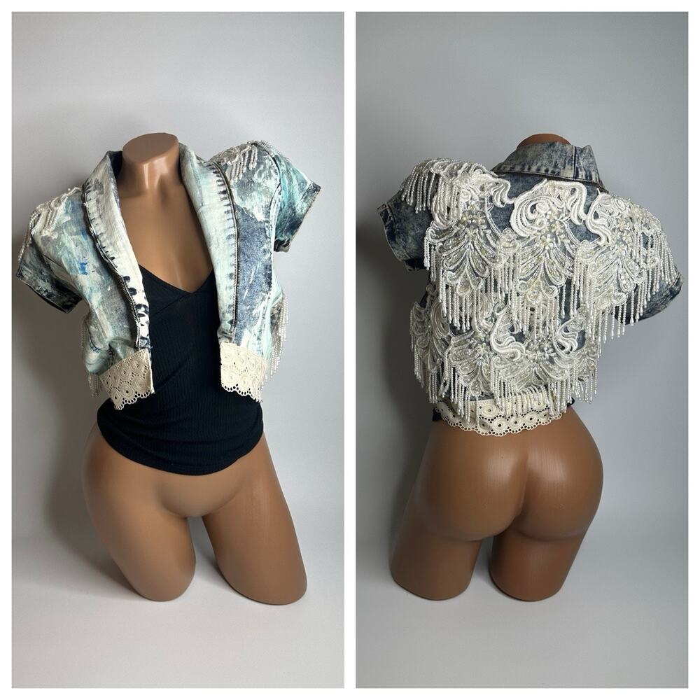 YMI Beaded Pearl Painted Denim Jacket Coquette Western Glam Festival Size S USA